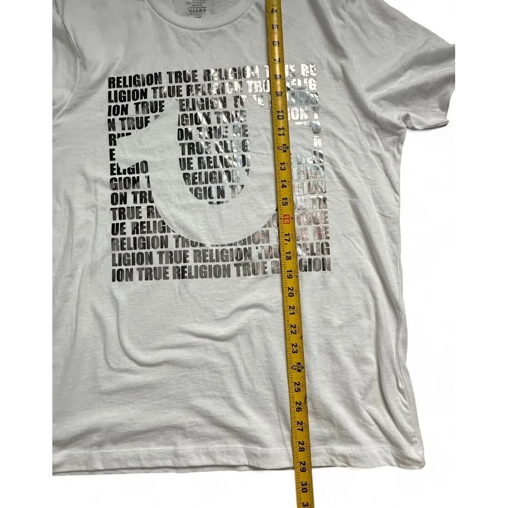 NWT‎ True Religion Brand Script All Over Silver Foil Graphic White Shirt Size L